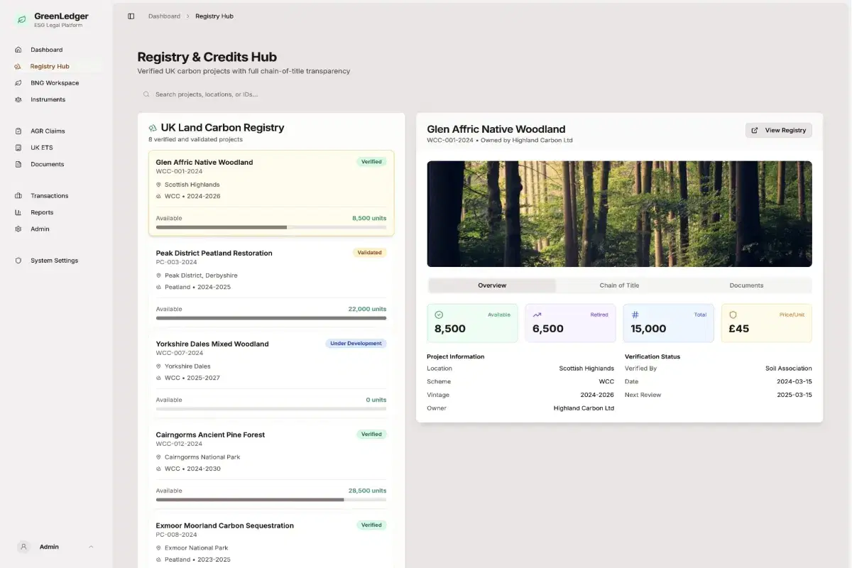GreenLedger - A legal-grade workflow platform that automates BNG agreements, verifies ESG credits, and manages environmental compliance, purpose-built for UK environmental law practices.