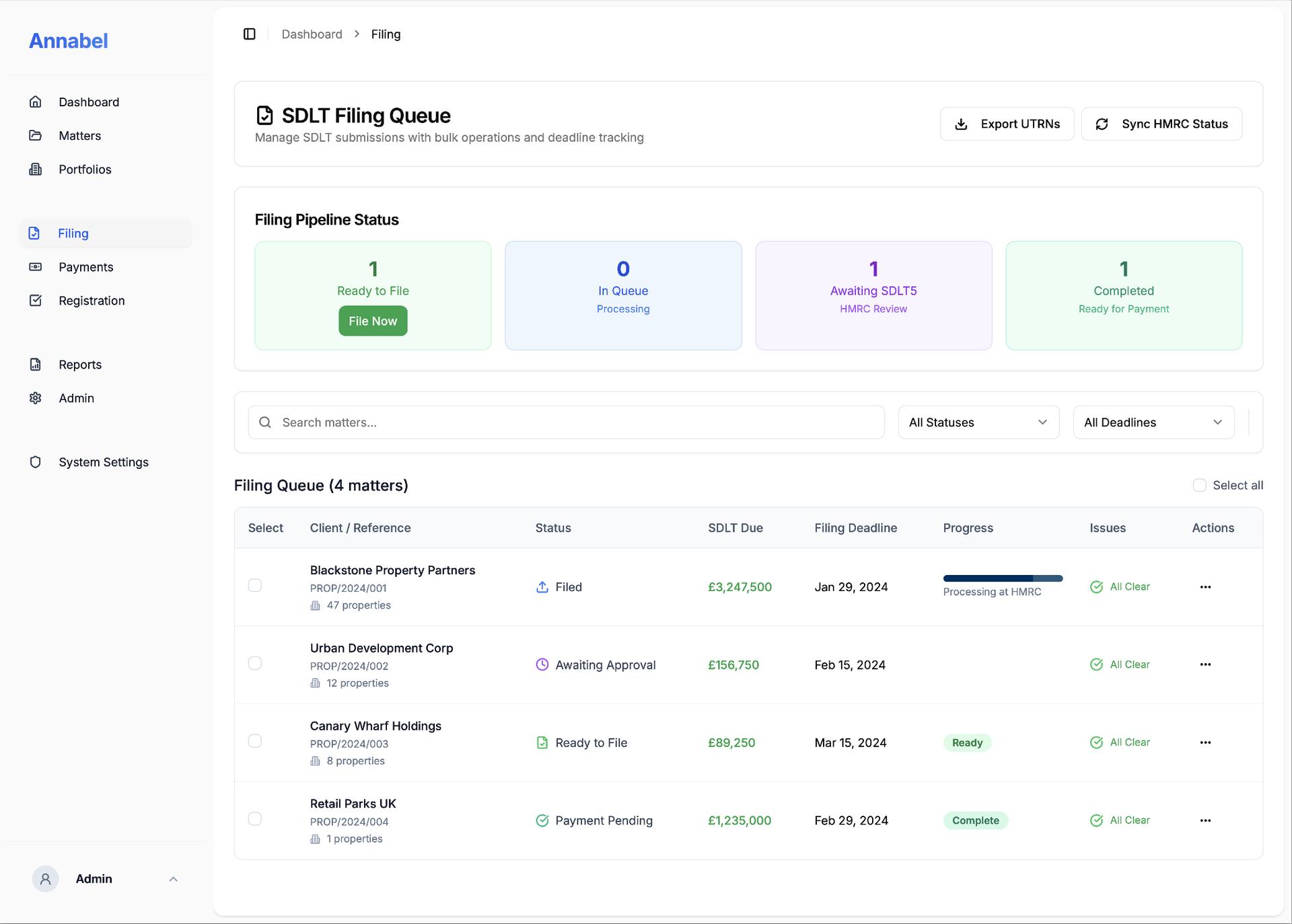 SDLT Tracker - A portfolio-grade SDLT calculator and filing platform for commercial and mixed-use matters - import once, calculate correctly, file in bulk, and move to registration with confidence.