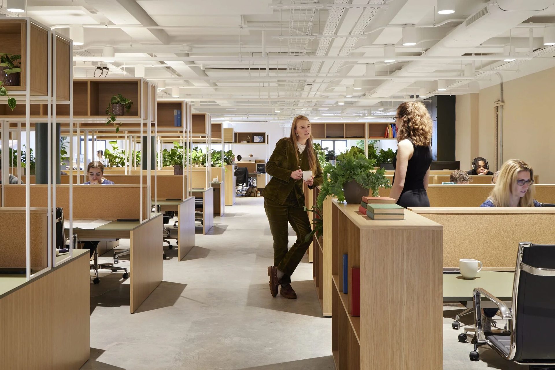 An open-plan working floor at the Clapham Junction studio, with oak workstation dividers, plants and people at work