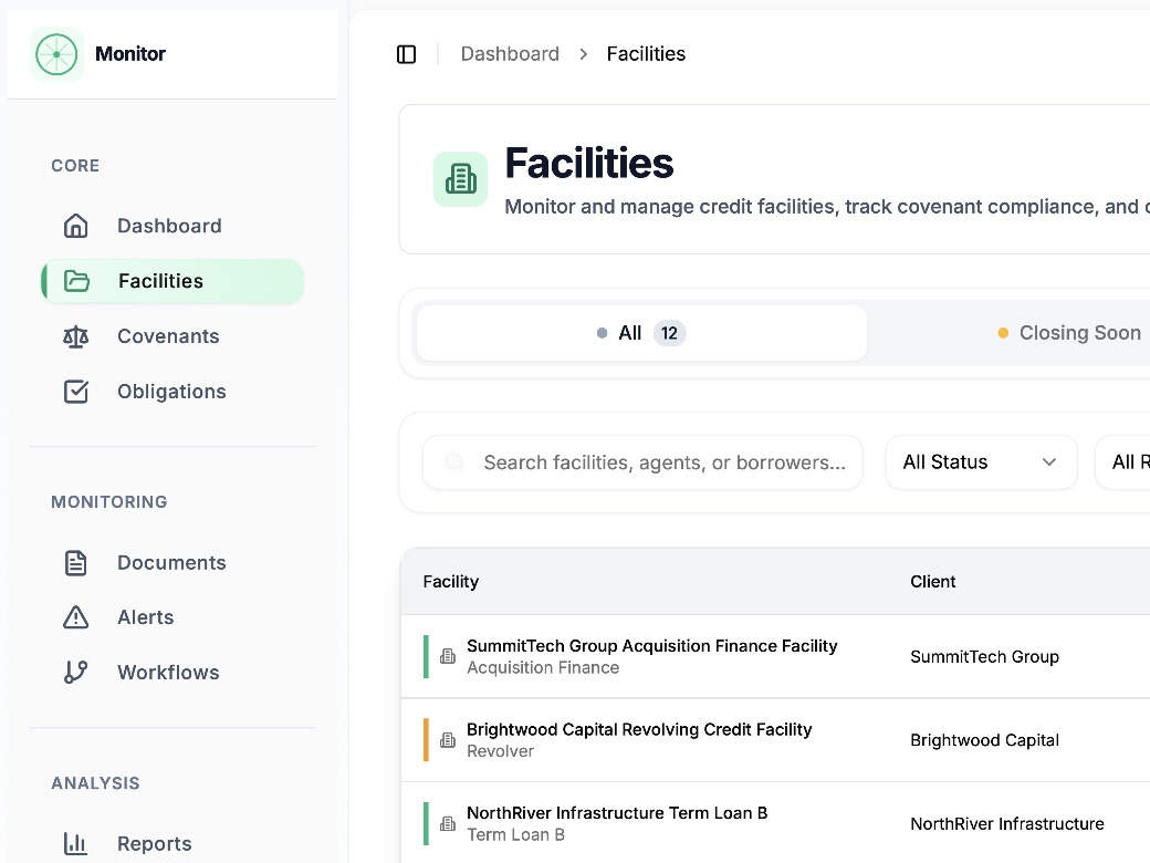 Facility Covenant Monitoring - A shared lawyer/client platform that structures loan covenants, automates deliverables and compliance tests, and alerts lawyers and clients to upcoming deadlines or breaches with built-in workflows and audit trail