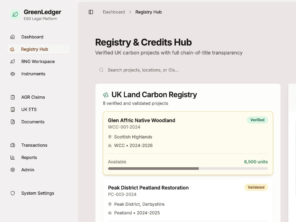 GreenLedger - A legal-grade workflow platform that automates BNG agreements, verifies ESG credits, and manages environmental compliance, purpose-built for UK environmental law practices.