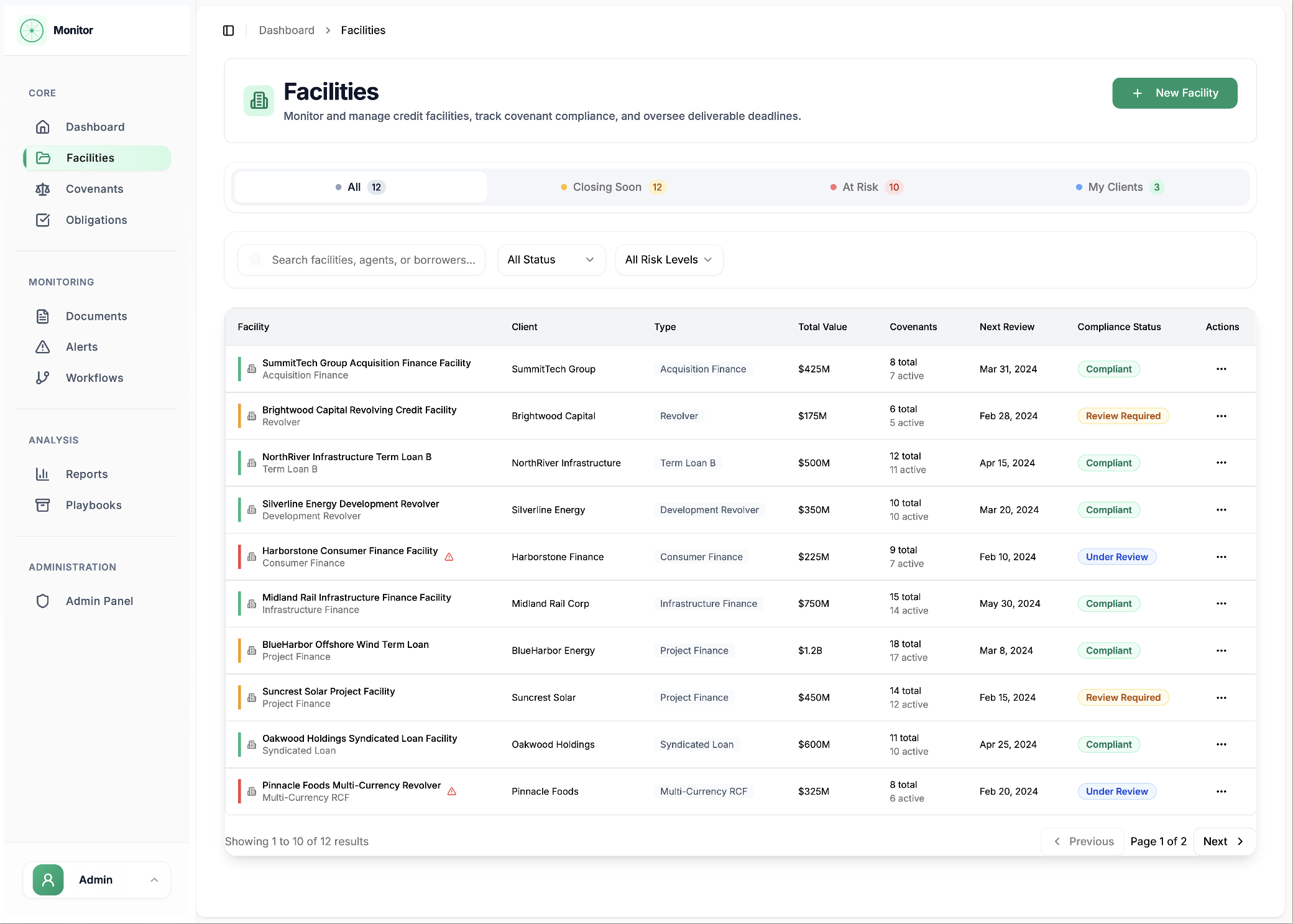 Facility Covenant Monitoring - A shared lawyer/client platform that structures loan covenants, automates deliverables and compliance tests, and alerts lawyers and clients to upcoming deadlines or breaches with built-in workflows and audit trail