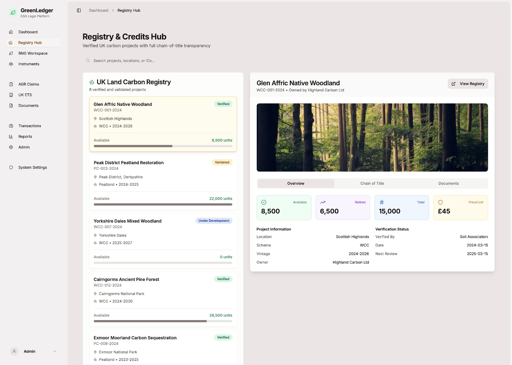 GreenLedger - A legal-grade workflow platform that automates BNG agreements, verifies ESG credits, and manages environmental compliance, purpose-built for UK environmental law practices.