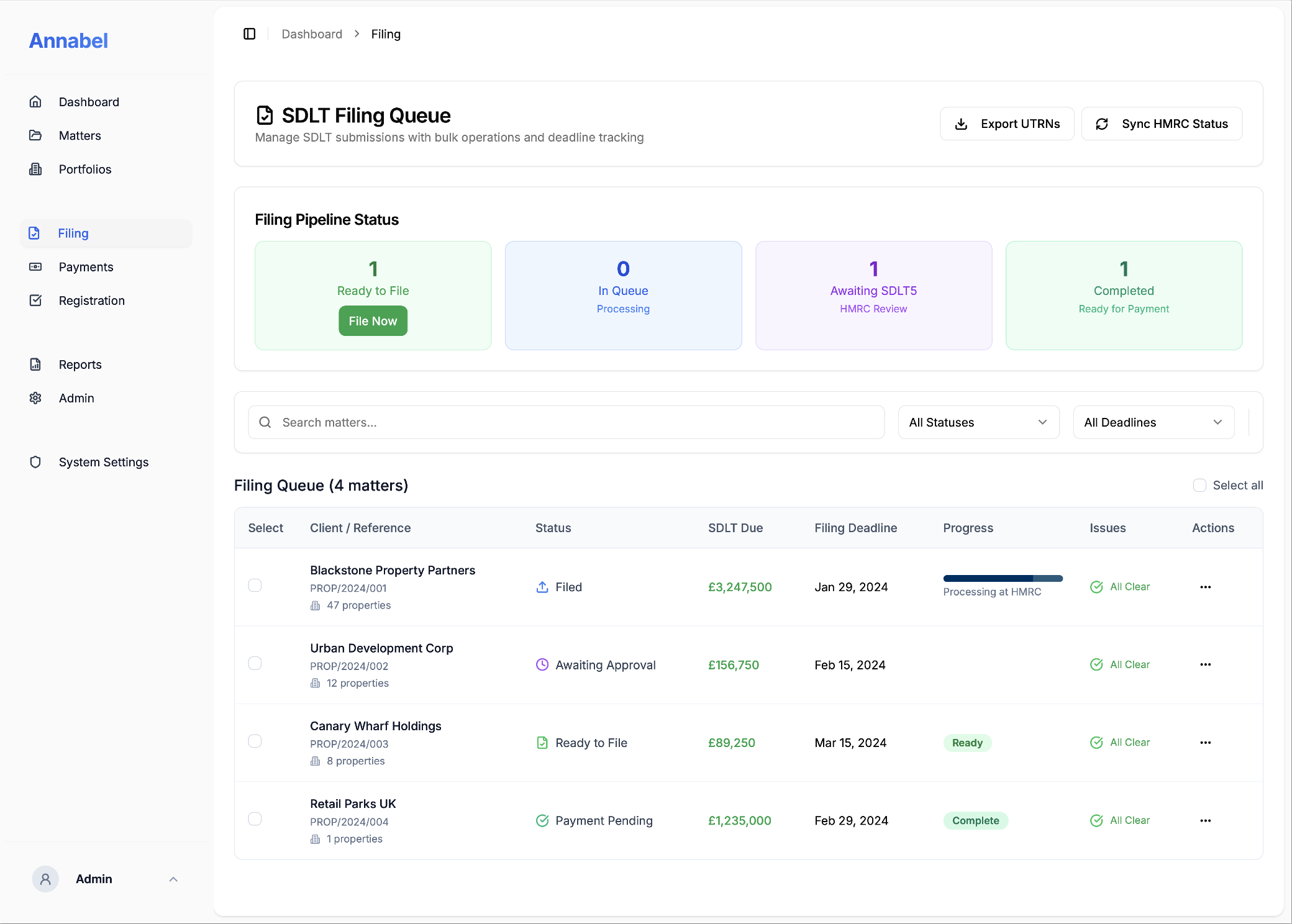 SDLT Tracker - A portfolio-grade SDLT calculator and filing platform for commercial and mixed-use matters - import once, calculate correctly, file in bulk, and move to registration with confidence.